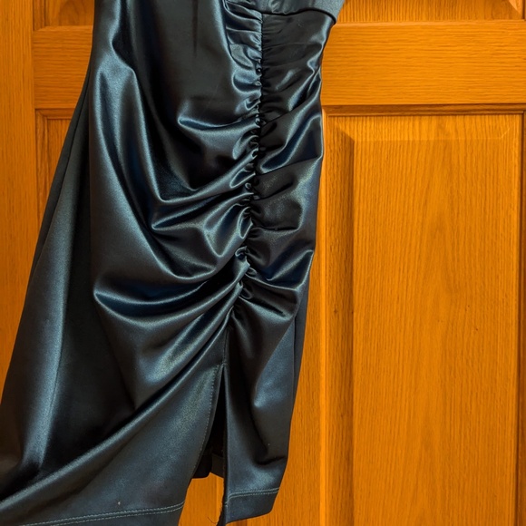 Honey and Rosie Spaghetti Strap V-Neck Ruched Satin Bodycon Dress - Picture 8 of 11